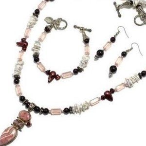 Handmade Jewelry Set by  Surdigirl - Rhodochrosite ,Tourmaline, Garnet, Pearl